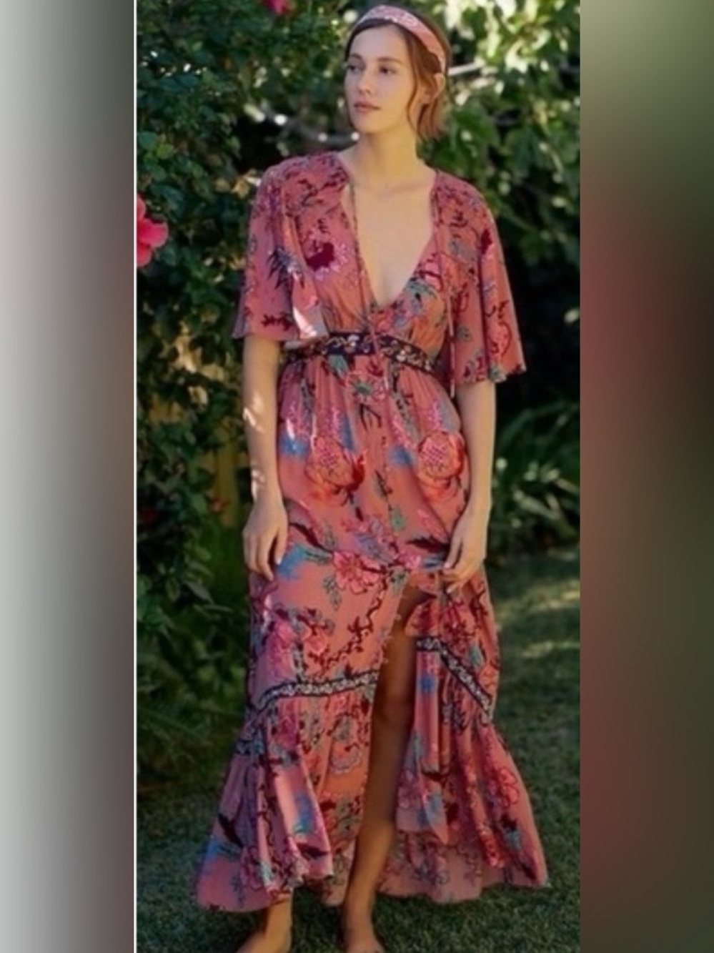 NWT by Anthropologie Floral V-Neck Ruffled Embroidered Boho Maxi Dress SP​